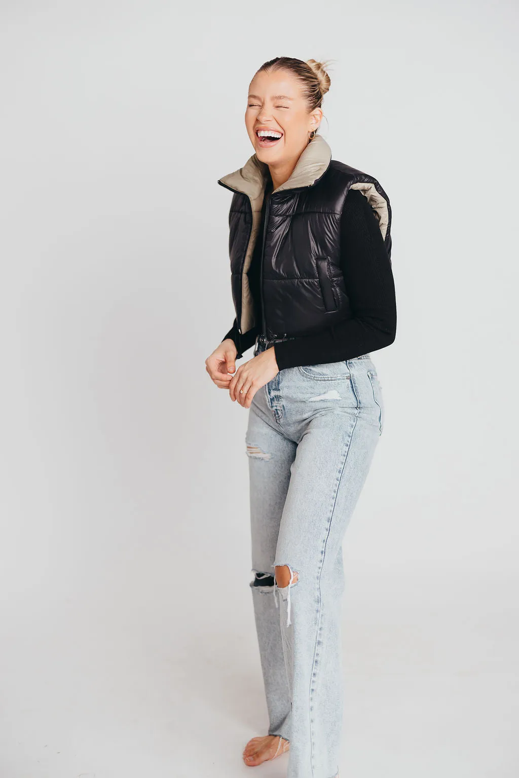 Reversible Taupe & Black High Neck Crop Vest sold by Worth Collective product image thumbnail 5