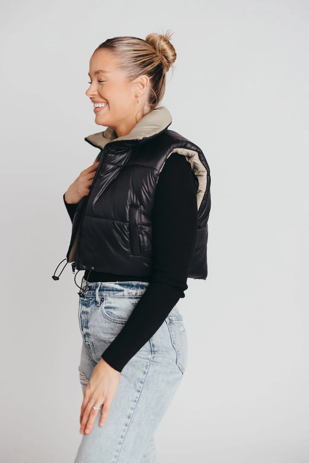 Reversible Taupe & Black High Neck Crop Vest sold by Worth Collective product image thumbnail 2