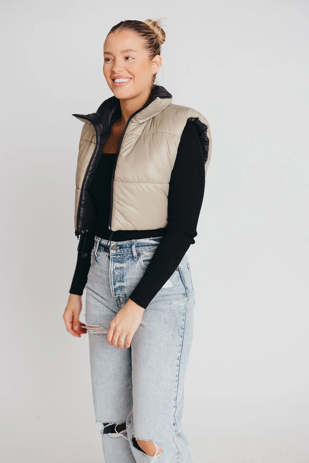 Reversible Taupe & Black High Neck Crop Vest sold by Worth Collective product image thumbnail 3