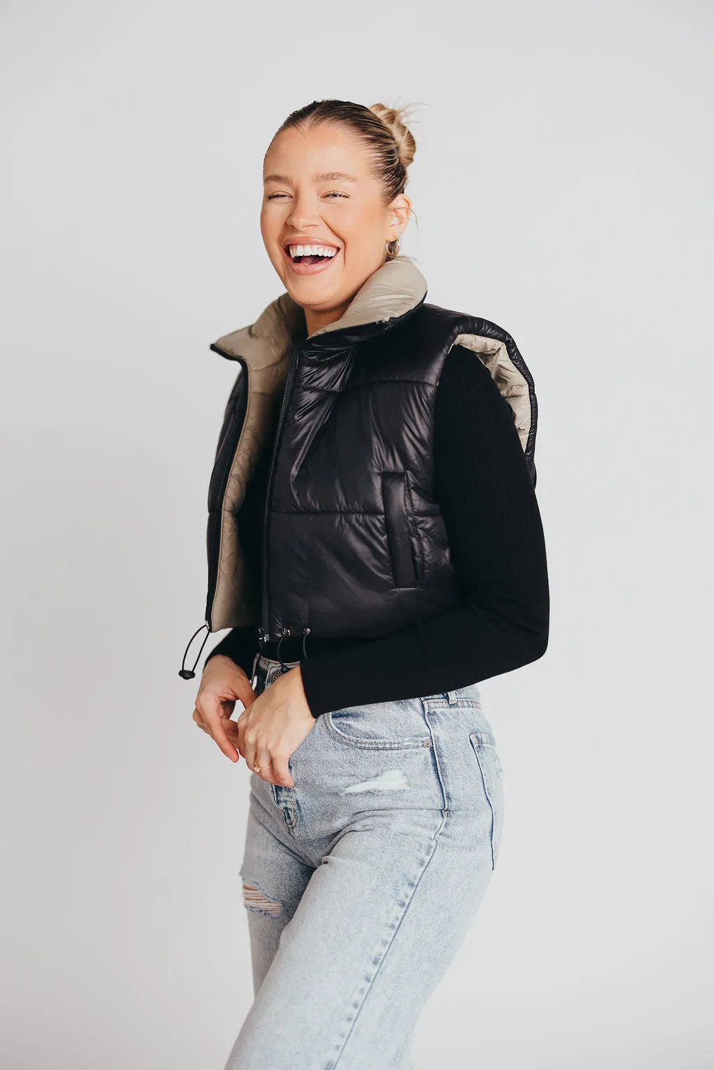 Reversible Taupe & Black High Neck Crop Vest sold by Worth Collective product image thumbnail 4