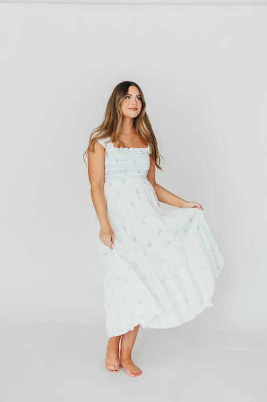 Hayden Midi Dress in White/Blue Floral sold by Worth Collective