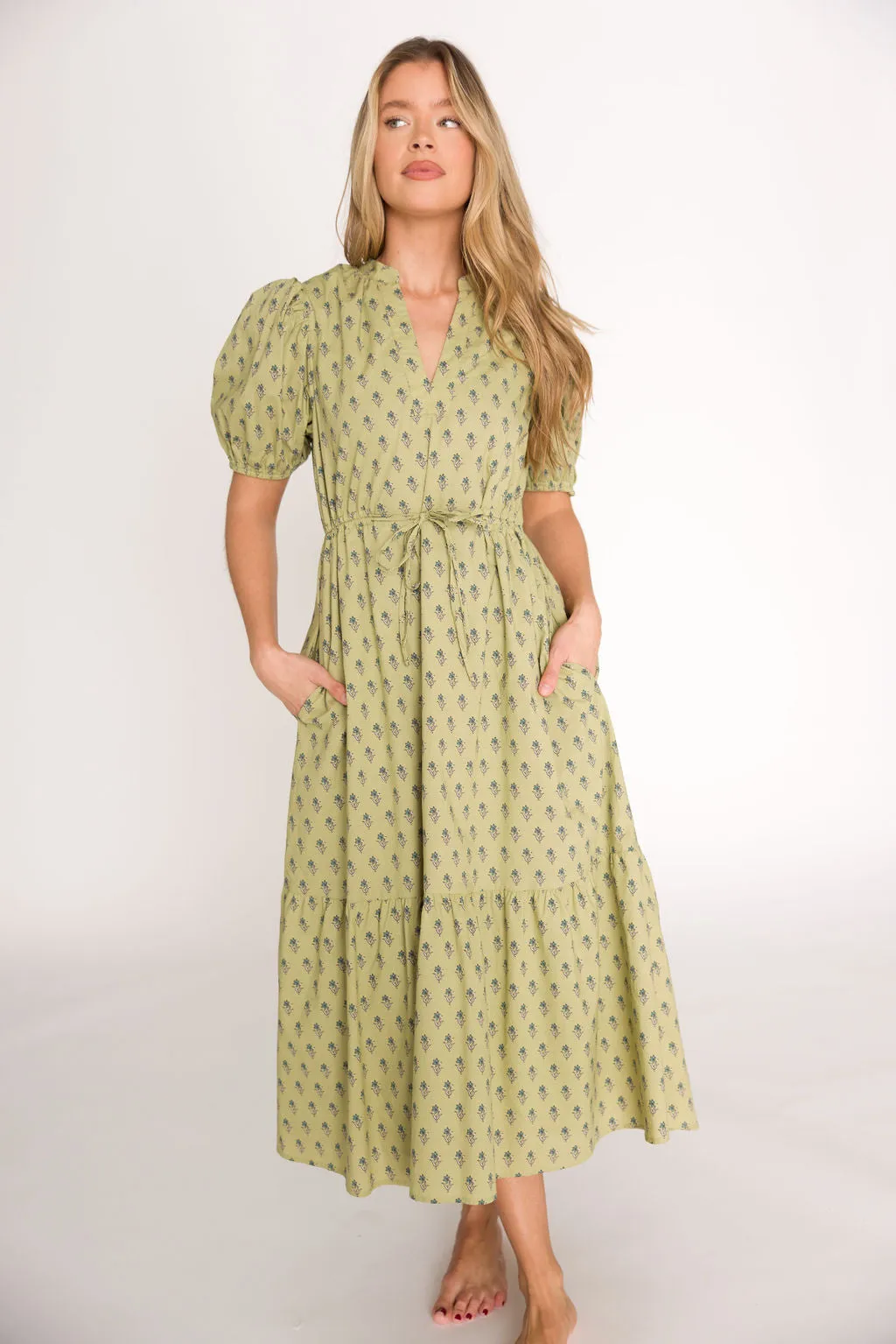 Bridget Tie Waist Midi Dress in Green Floral (Final Few - Cannot be restocked!) sold by Worth Collective product image thumbnail 2