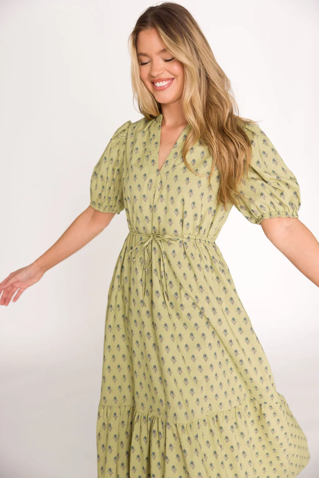 Bridget Tie Waist Midi Dress in Green Floral (Final Few - Cannot be restocked!) sold by Worth Collective