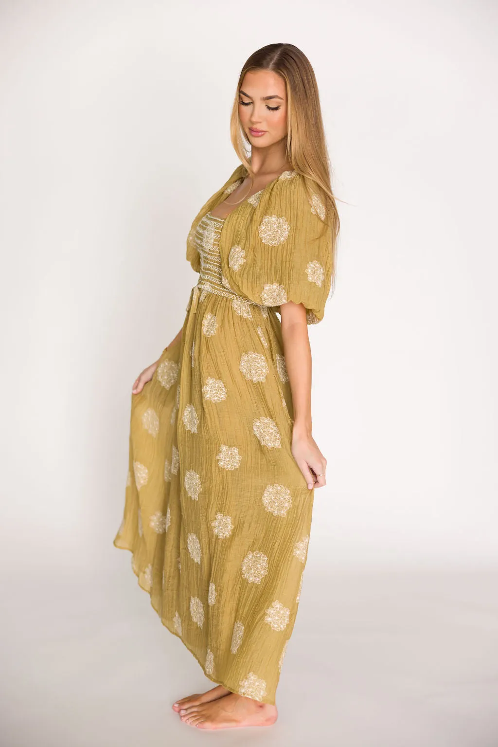 Aimee Smocked Embroidered Floral Midi Dress in Olive sold by Worth Collective product image thumbnail 3