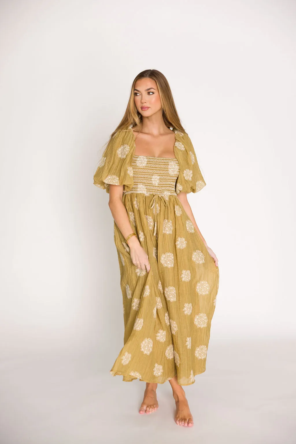 Aimee Smocked Embroidered Floral Midi Dress in Olive sold by Worth Collective product image thumbnail 2