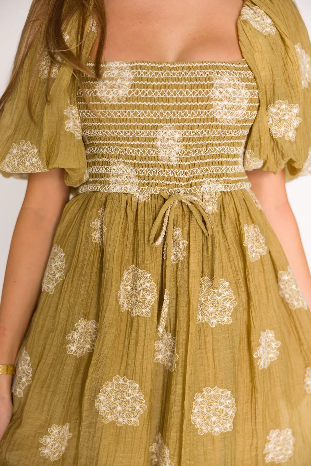 Aimee Smocked Embroidered Floral Midi Dress in Olive sold by Worth Collective product image thumbnail 5