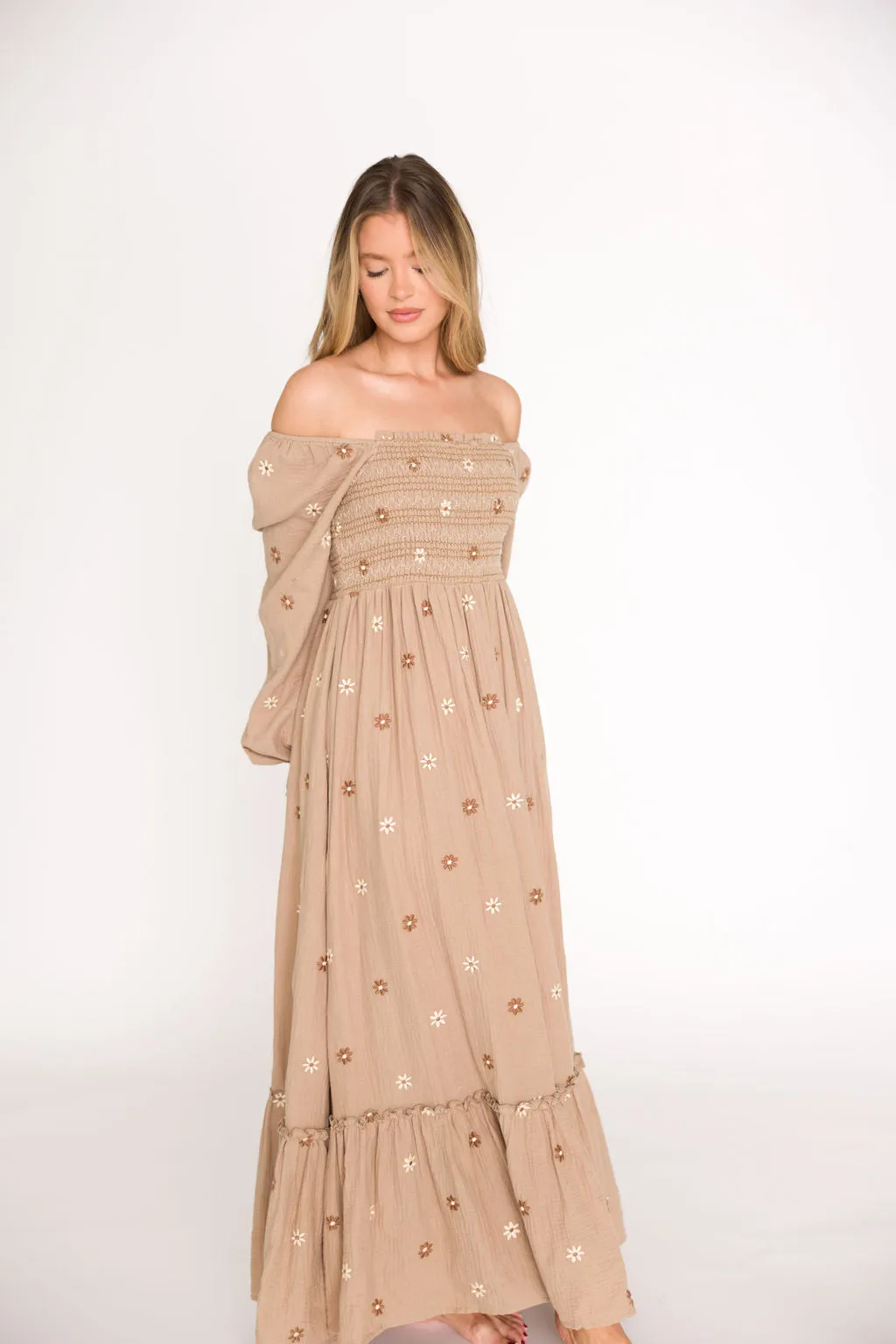 Emmie Embroidered Floral Maxi Dress in Grey-Taupe - Bump Friendly sold by Worth Collective product image thumbnail 4