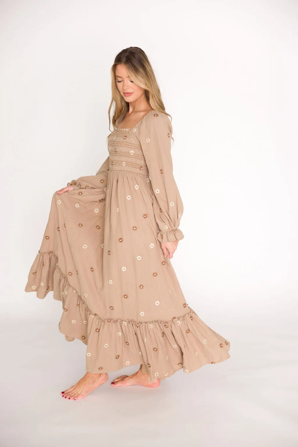 Emmie Embroidered Floral Maxi Dress in Grey-Taupe - Bump Friendly sold by Worth Collective product image thumbnail 2