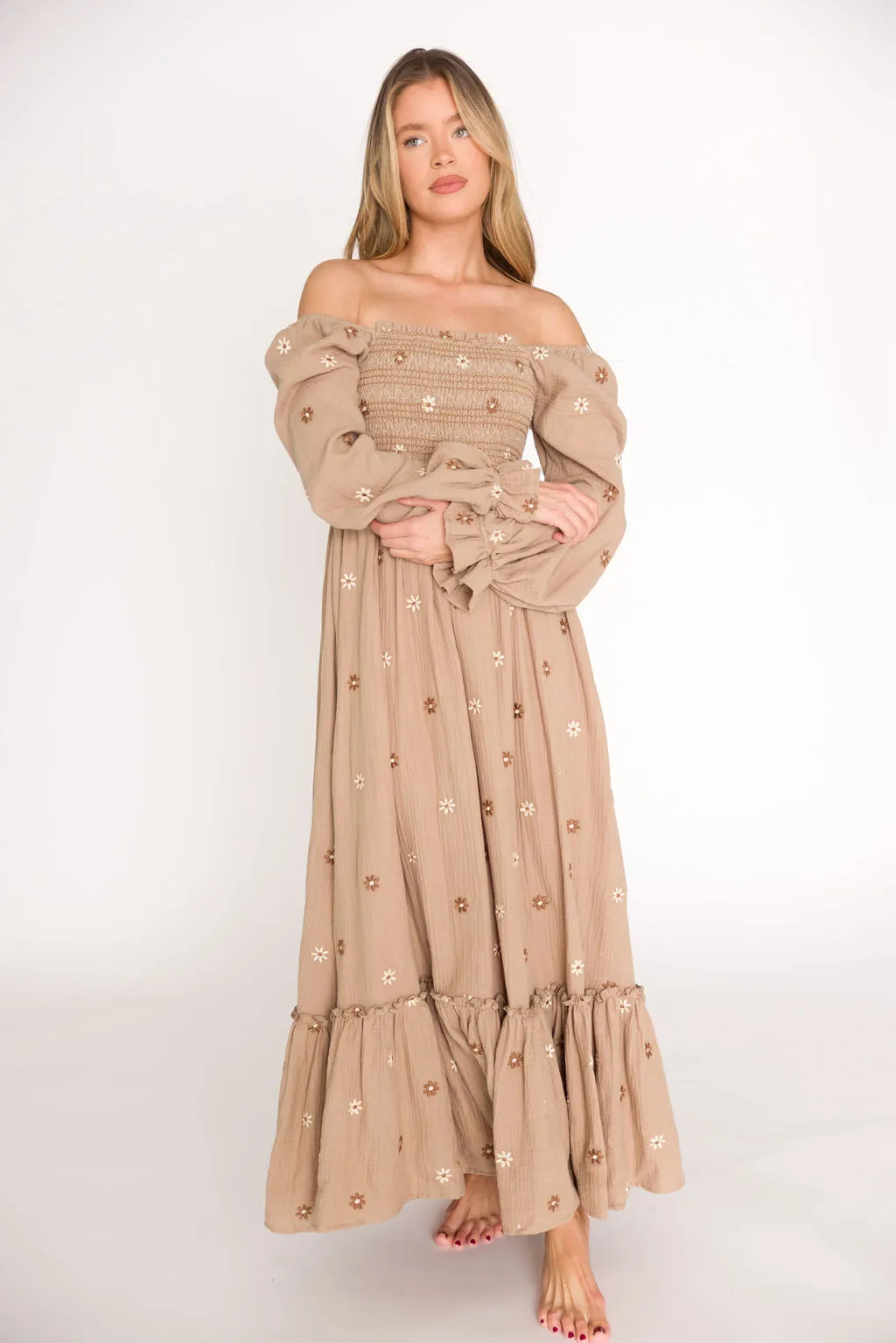 Emmie Embroidered Floral Maxi Dress in Grey-Taupe - Bump Friendly sold by Worth Collective product image thumbnail 3
