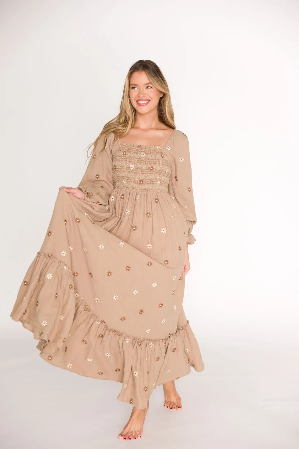 Emmie Embroidered Floral Maxi Dress in Grey-Taupe - Bump Friendly sold by Worth Collective