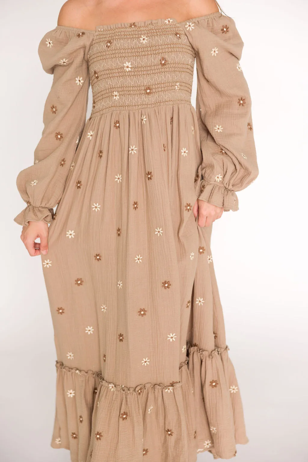Emmie Embroidered Floral Maxi Dress in Grey-Taupe - Bump Friendly sold by Worth Collective product image thumbnail 5