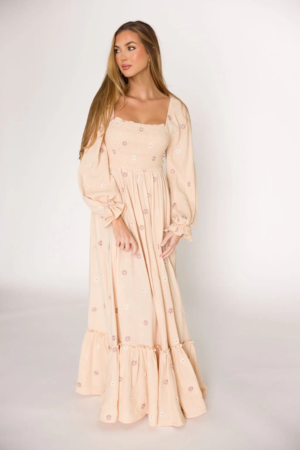 Emmie Embroidered Floral Maxi Dress in Cream sold by Worth Collective