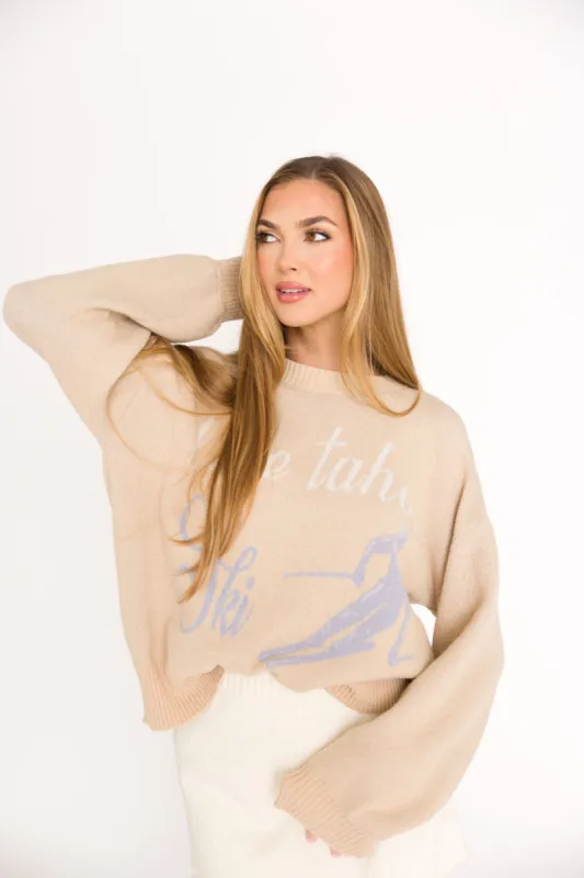 Lake Tahoe Ski Graphic Oversized Sweater in Beige sold by Worth Collective