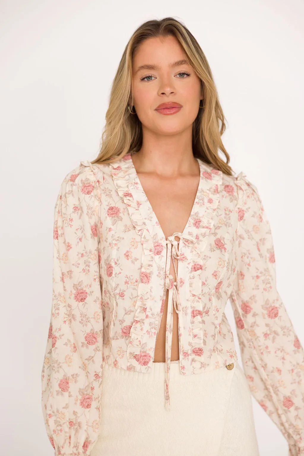 Hollis Ruffle Tie Top in Cream/Pink Floral sold by Worth Collective product image thumbnail 2