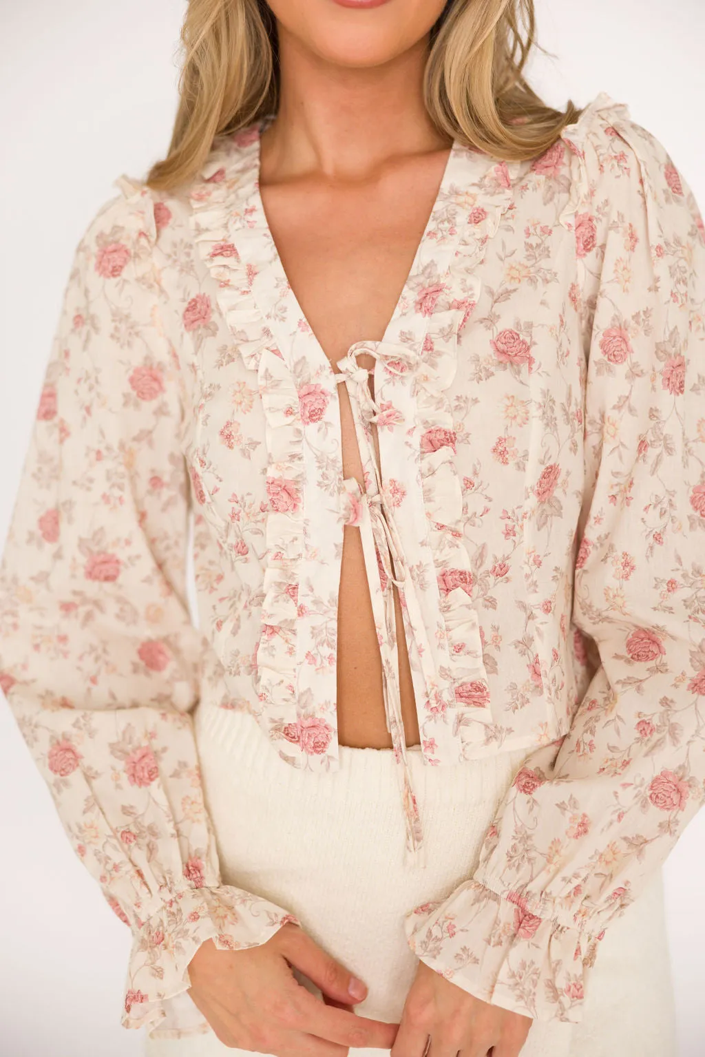 Hollis Ruffle Tie Top in Cream/Pink Floral sold by Worth Collective product image thumbnail 3