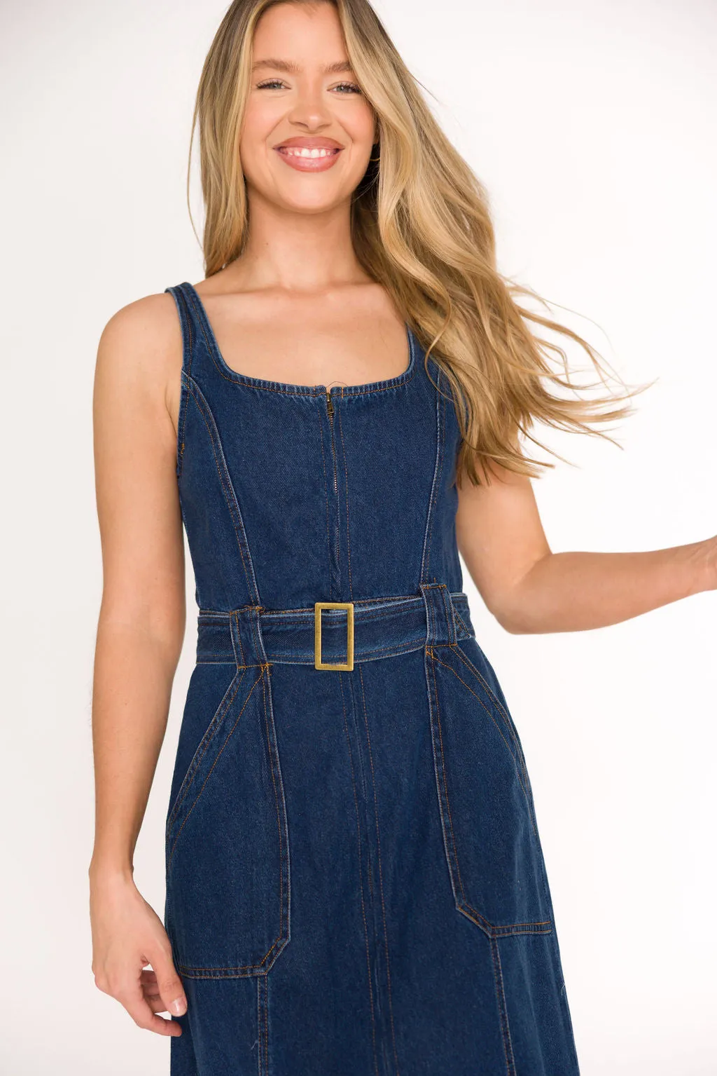 Samantha Belted Midi Dress in Denim sold by Worth Collective