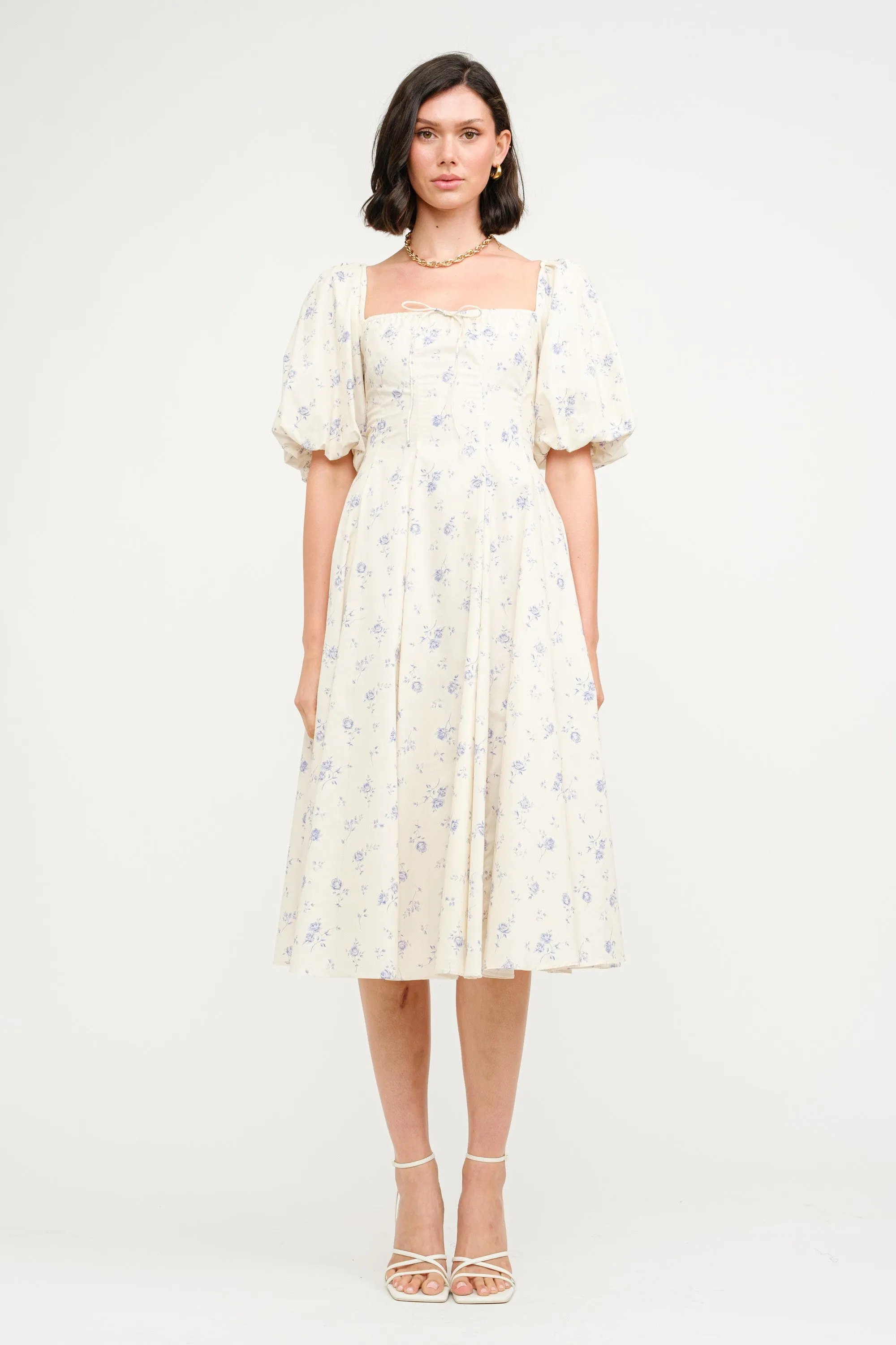 Olivia 100% Cotton Floral Printed Midi Dress in Ivory sold by Worth Collective
