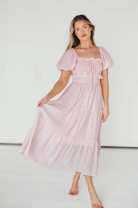 Lainey Ruffle Midi Dress in Light Pink sold by Worth Collective