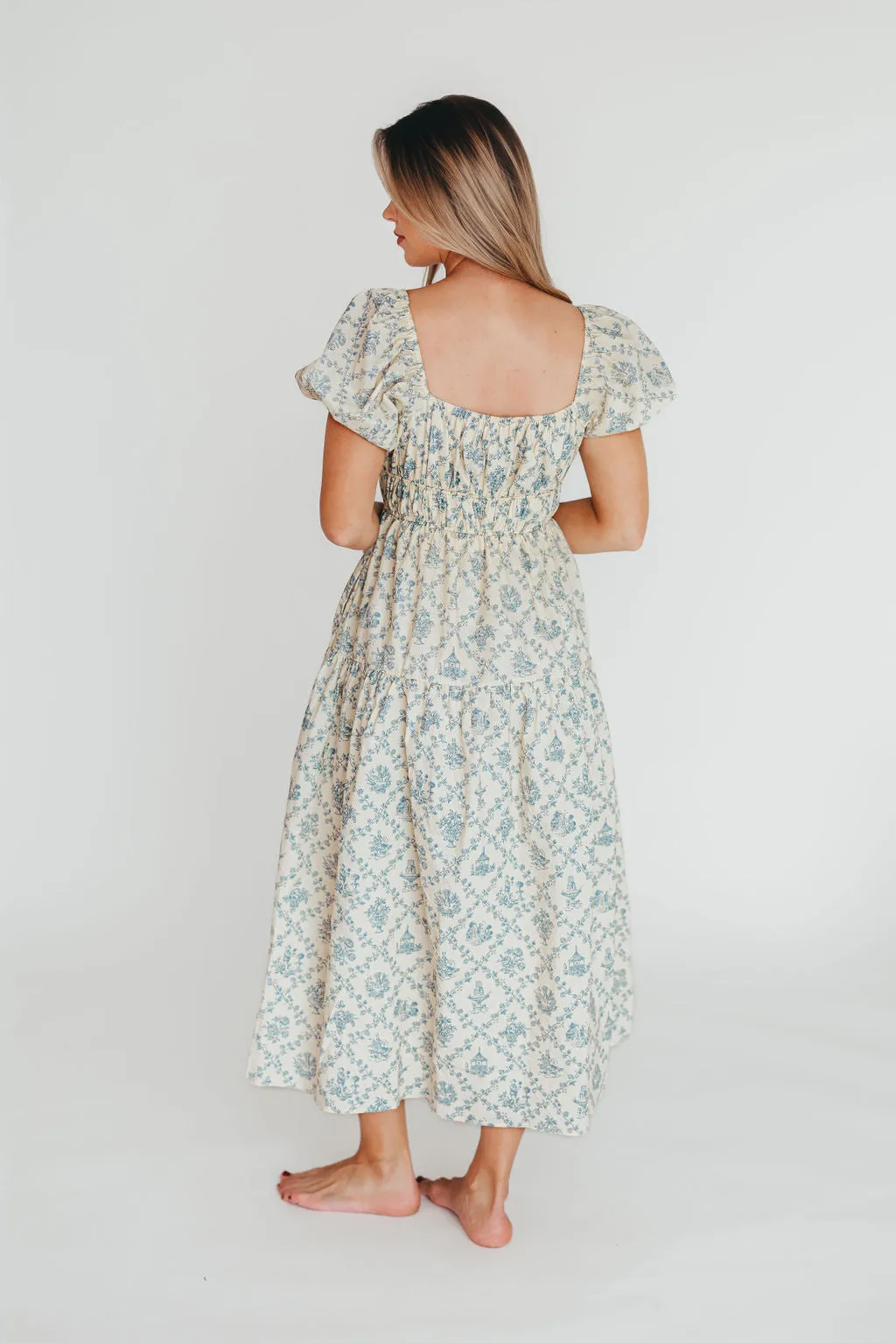 Catherine 100% Cotton Midi Dress in Cream Blue Floral - Bump Friendly & Inclusive Sizing (XS-3XL) sold by Worth Collective product image thumbnail 3