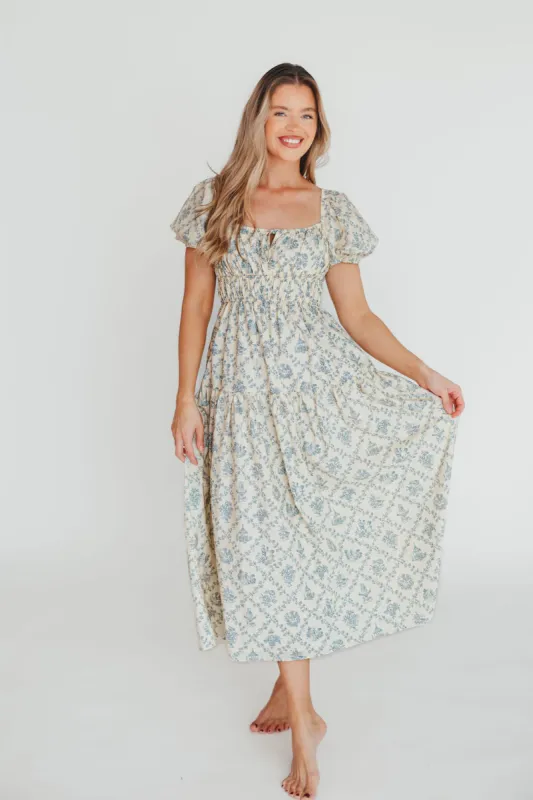 Catherine 100% Cotton Midi Dress in Cream Blue Floral - Bump Friendly & Inclusive Sizing (XS-3XL) sold by Worth Collective