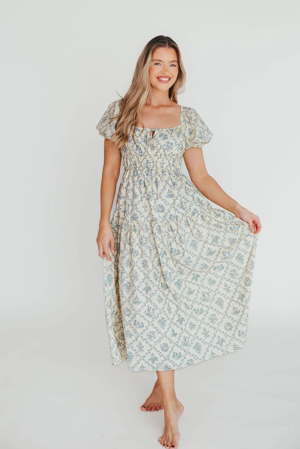 Catherine 100% Cotton Midi Dress in Cream Blue Floral - Bump Friendly & Inclusive Sizing (XS-3XL) sold by Worth Collective