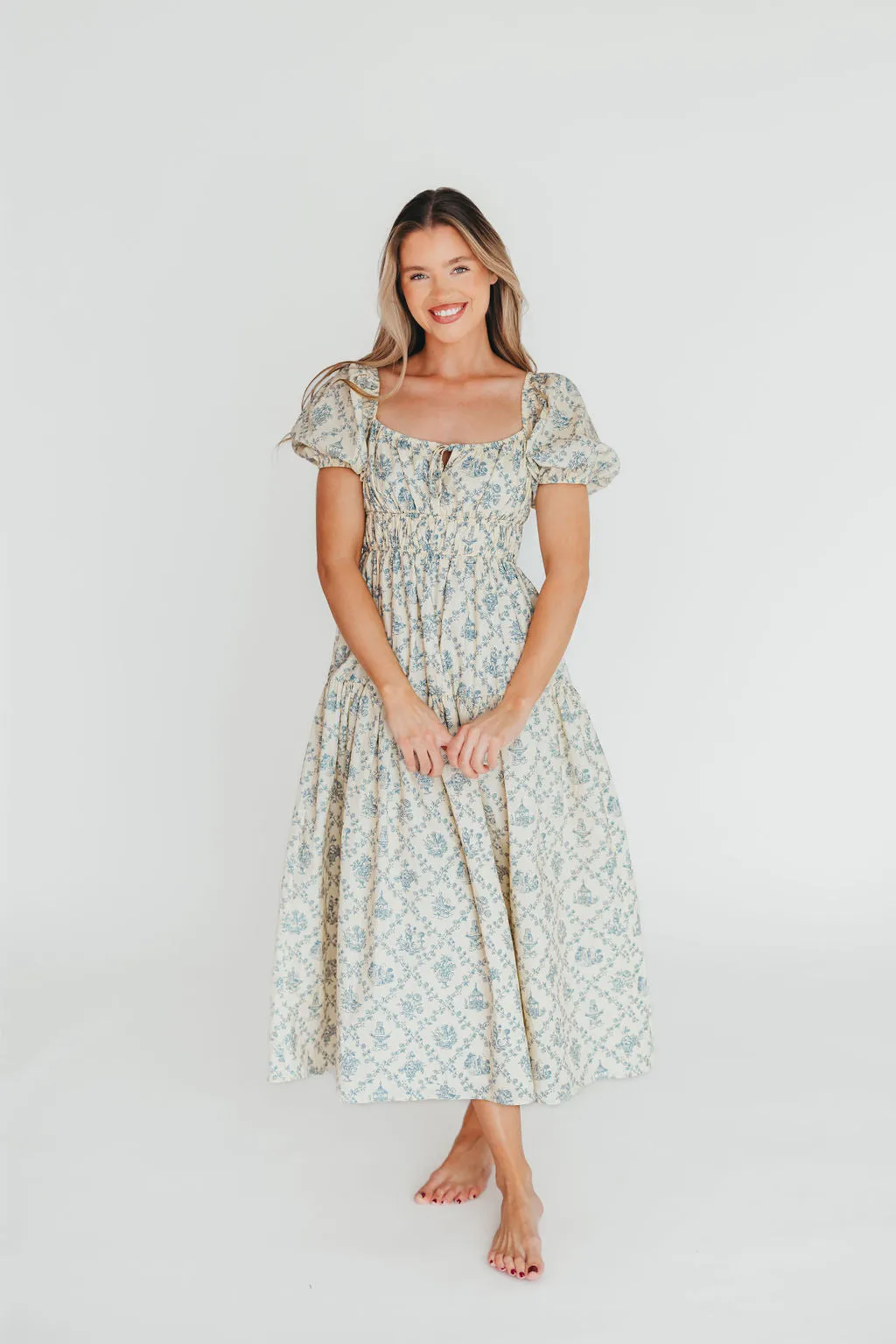 Catherine 100% Cotton Midi Dress in Cream Blue Floral - Bump Friendly & Inclusive Sizing (XS-3XL) sold by Worth Collective product image thumbnail 2