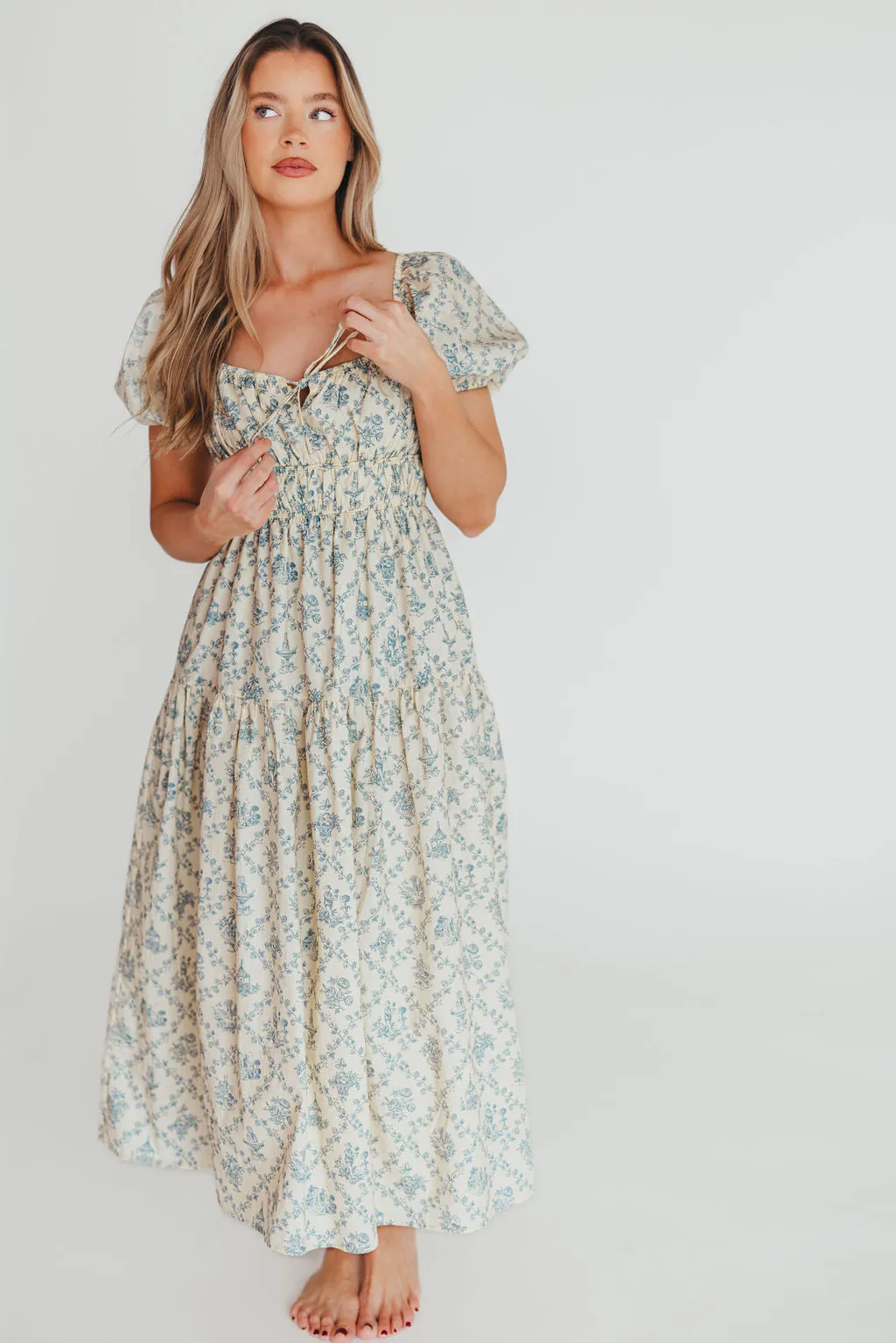 Catherine 100% Cotton Midi Dress in Cream Blue Floral - Bump Friendly & Inclusive Sizing (XS-3XL) sold by Worth Collective product image thumbnail 5
