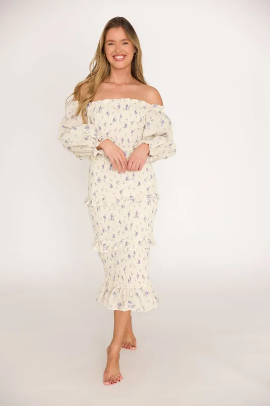 The Chloe Midi Dress in Blue - Bump Friendly sold by Worth Collective
