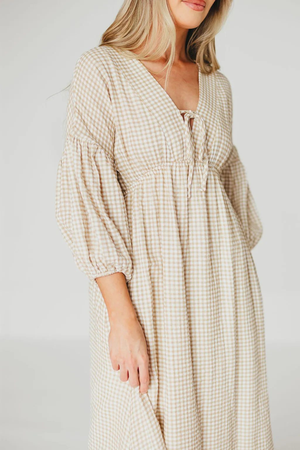 Hunter Printed Gauze Midi Dress in Natural Plaid - Bump Friendly sold by Worth Collective
