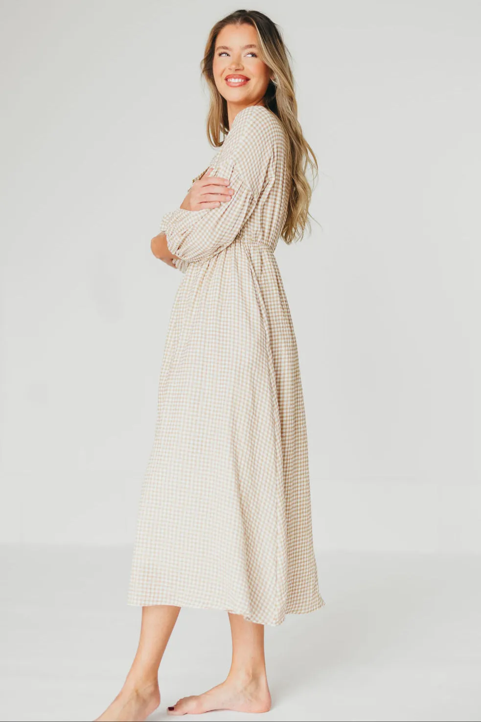 Hunter Printed Gauze Midi Dress in Natural Plaid - Bump Friendly sold by Worth Collective product image thumbnail 3