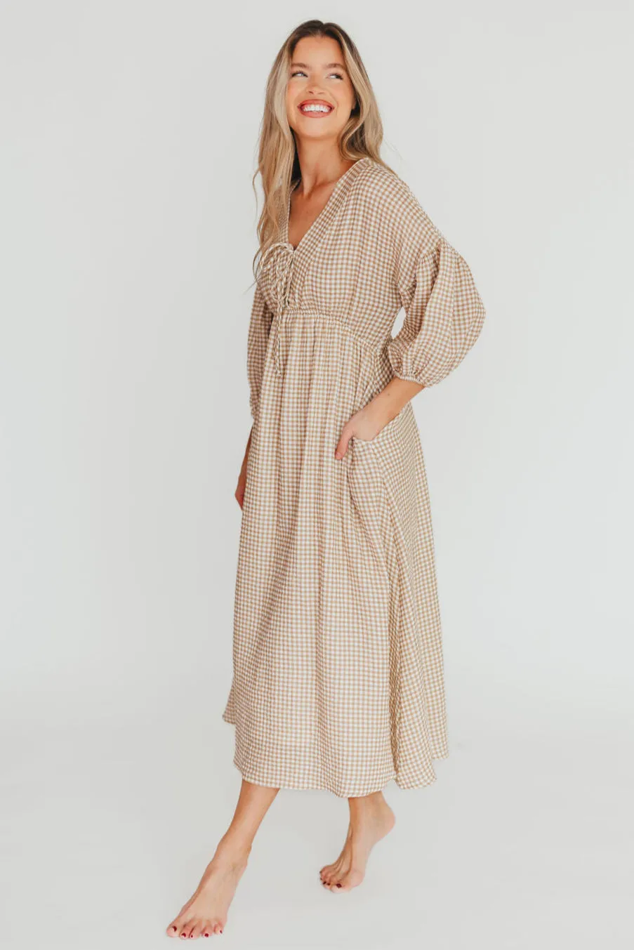 Hunter Printed Gauze Midi Dress in Natural Plaid - Bump Friendly sold by Worth Collective product image thumbnail 2