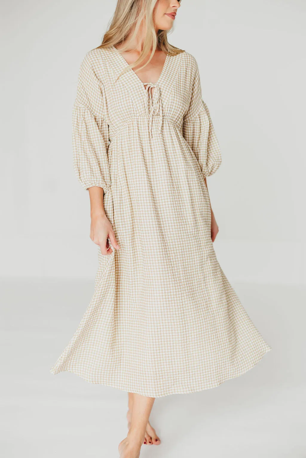 Hunter Printed Gauze Midi Dress in Natural Plaid - Bump Friendly sold by Worth Collective product image thumbnail 4
