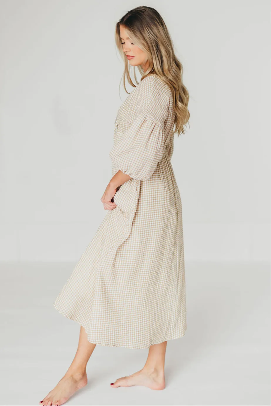 Hunter Printed Gauze Midi Dress in Natural Plaid - Bump Friendly sold by Worth Collective product image thumbnail 5