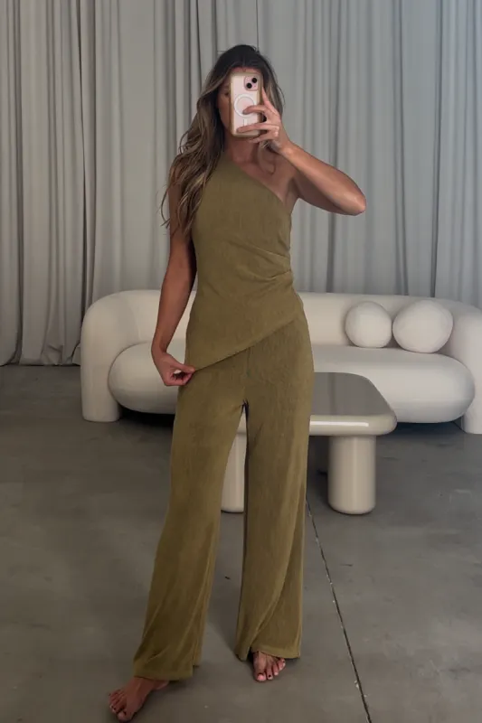 Ashley Asymmetrical One Shoulder Top and Pants Set in Olive sold by Worth Collective