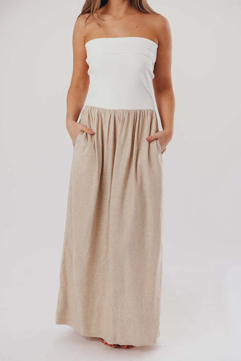 Kaylee Linen and Ribbed Knit Maxi Dress in White/Oatmeal sold by Worth Collective product image thumbnail 3