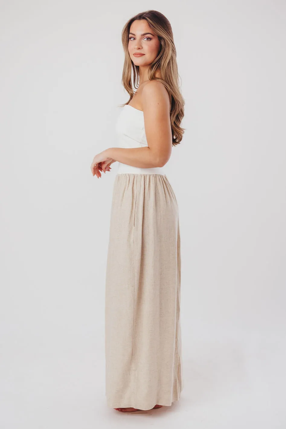 Kaylee Linen and Ribbed Knit Maxi Dress in White/Oatmeal sold by Worth Collective