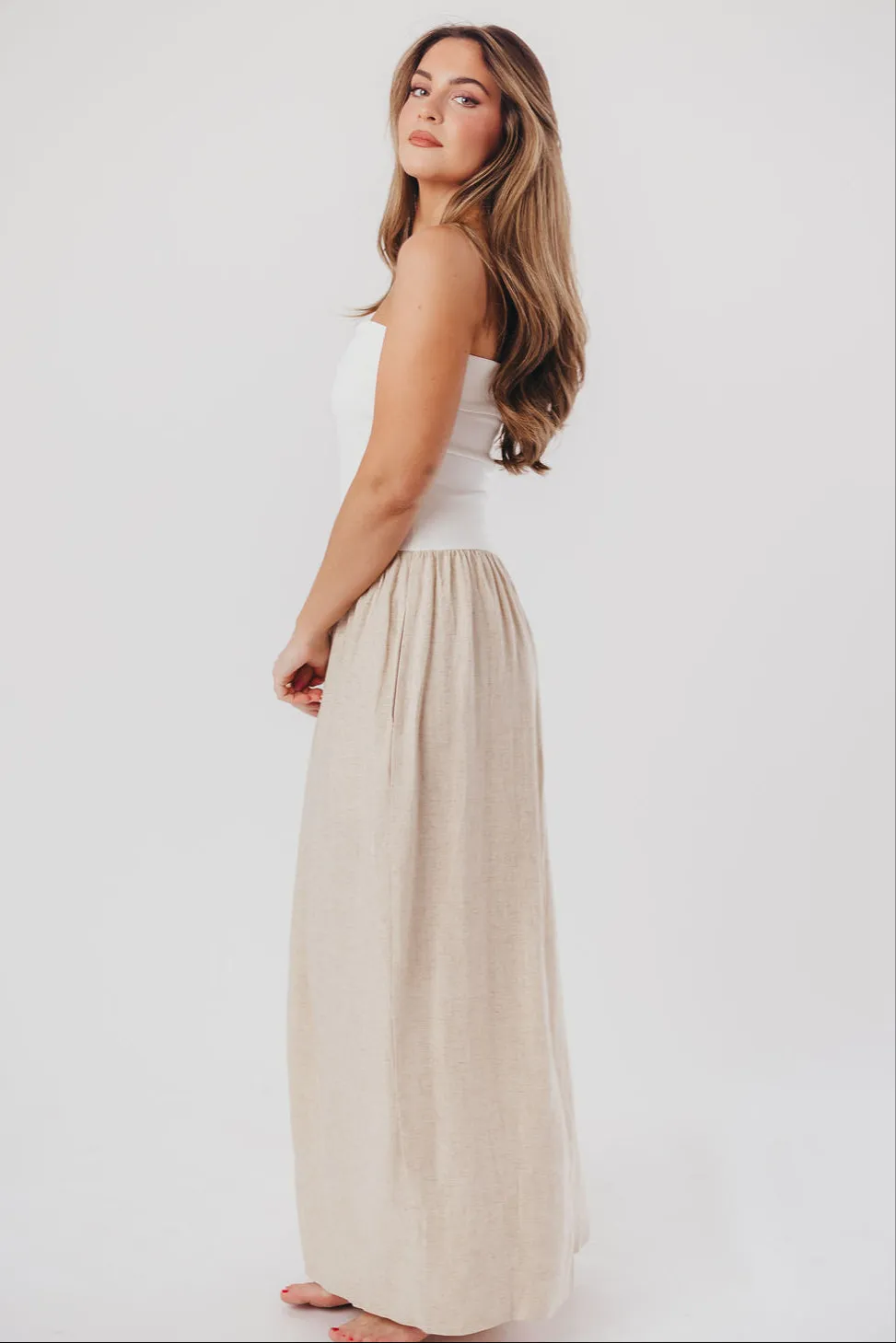 Kaylee Linen and Ribbed Knit Maxi Dress in White/Oatmeal sold by Worth Collective product image thumbnail 5