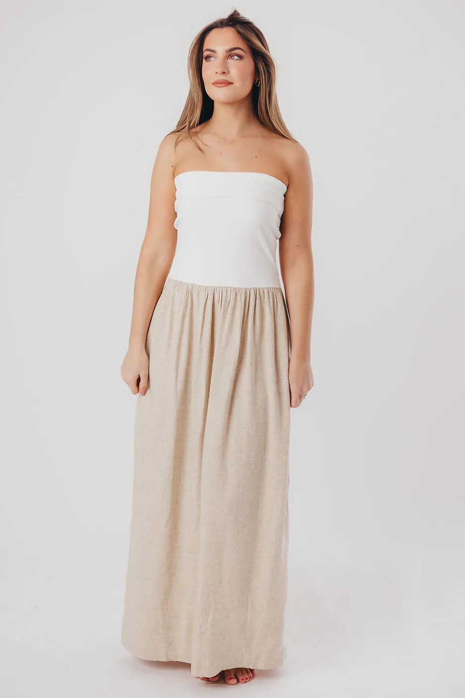 Kaylee Linen and Ribbed Knit Maxi Dress in White/Oatmeal sold by Worth Collective product image thumbnail 2