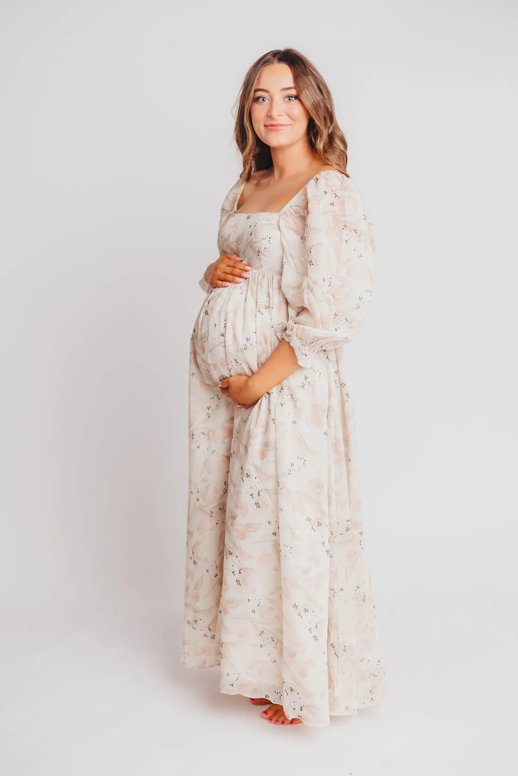 Mona Maxi Dress in Peach & Cream Floral - Bump Friendly (Bust Runs a Bit Small / No Smocking) sold by Worth Collective product image thumbnail 2