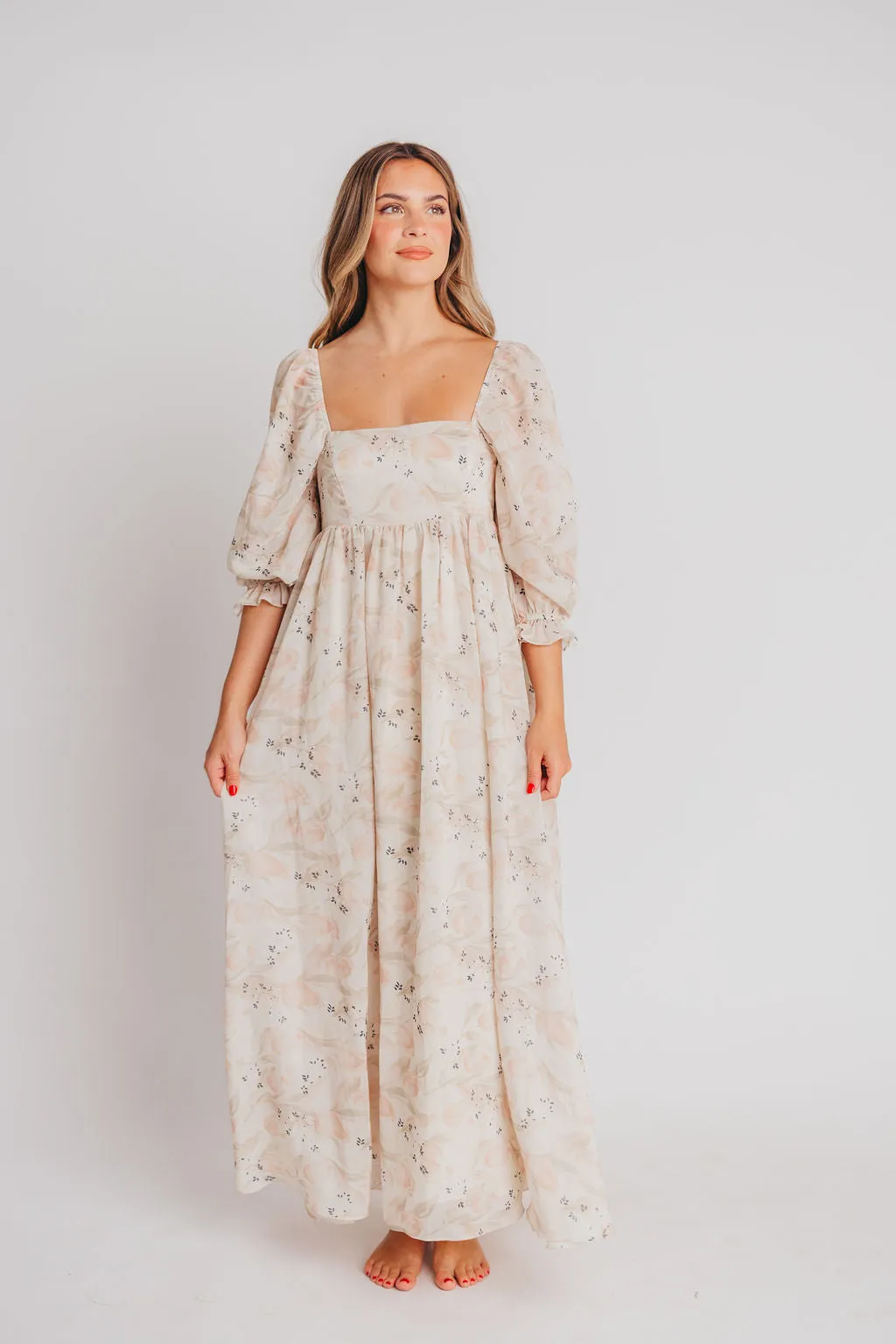 Mona Maxi Dress in Peach & Cream Floral - Bump Friendly (Bust Runs a Bit Small / No Smocking) sold by Worth Collective