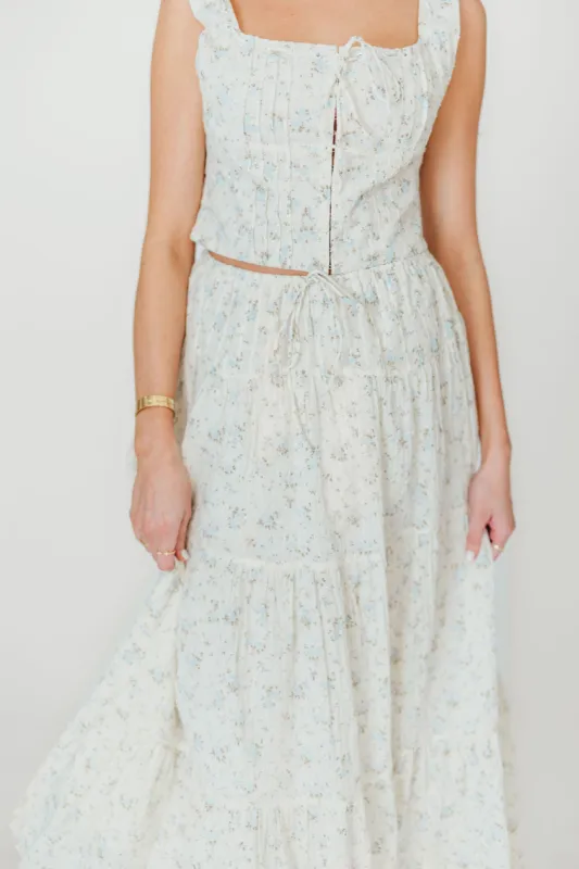 Florence 100% Cotton Corset Top & Skirt Set in Cream/Blue Floral sold by Worth Collective
