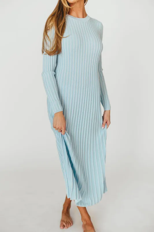Lacey Long Sleeve Ribbed Sweater Dress in Sky Blue - Bump Friendly sold by Worth Collective