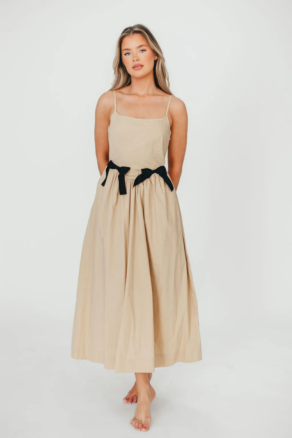 Celeste Square Neck Midi Dress with Bow Detail in Khaki *Final-Sale* sold by Worth Collective product image thumbnail 4