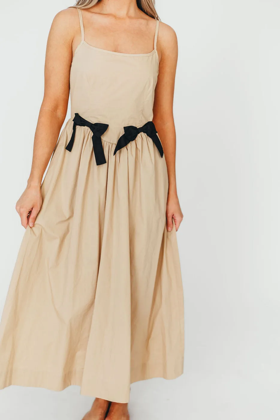 Celeste Square Neck Midi Dress with Bow Detail in Khaki *Final-Sale* sold by Worth Collective product image thumbnail 5