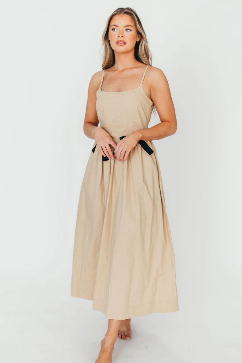 Celeste Square Neck Midi Dress with Bow Detail in Khaki *Final-Sale* sold by Worth Collective product image thumbnail 2