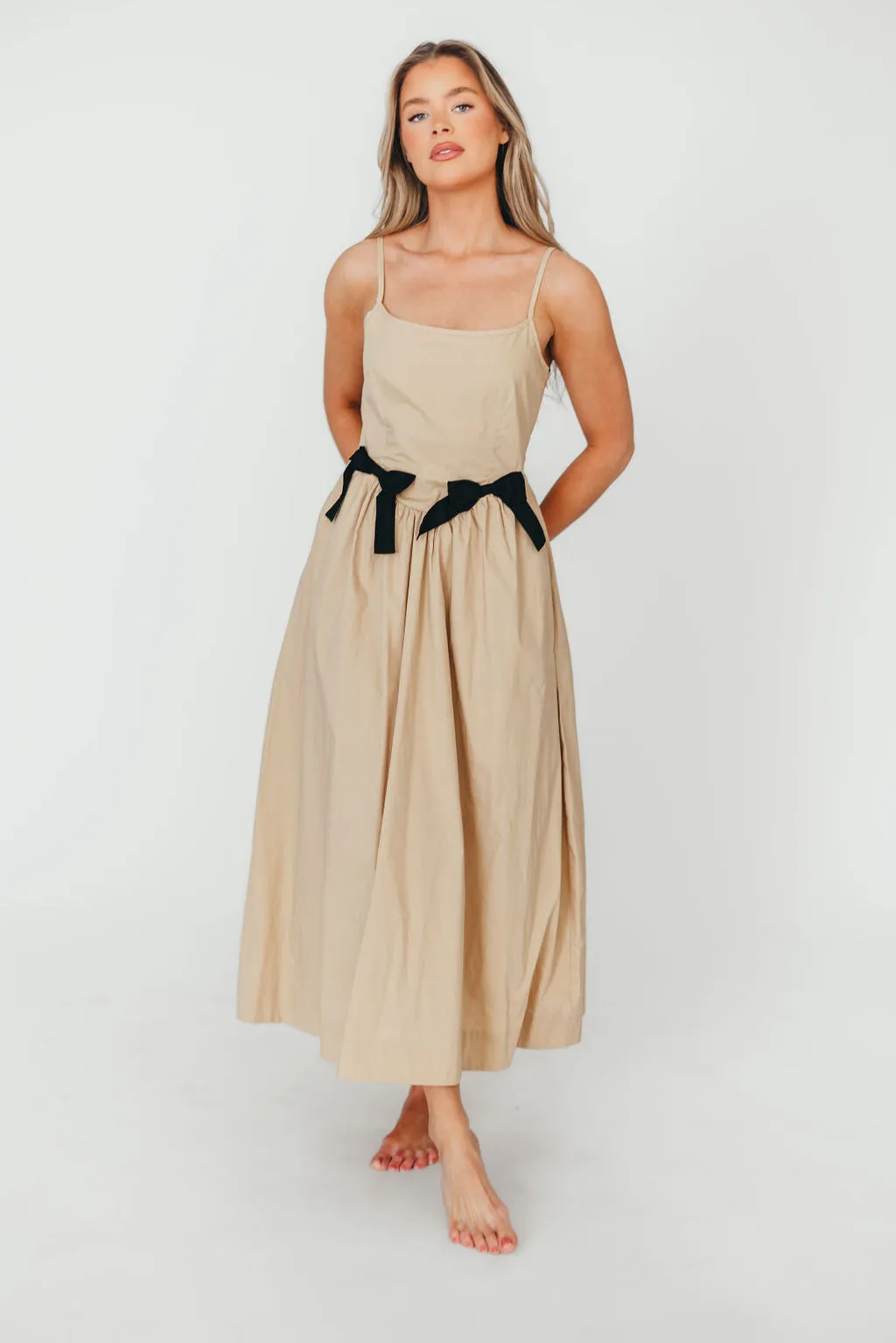 Celeste Square Neck Midi Dress with Bow Detail in Khaki *Final-Sale* sold by Worth Collective product image thumbnail 3