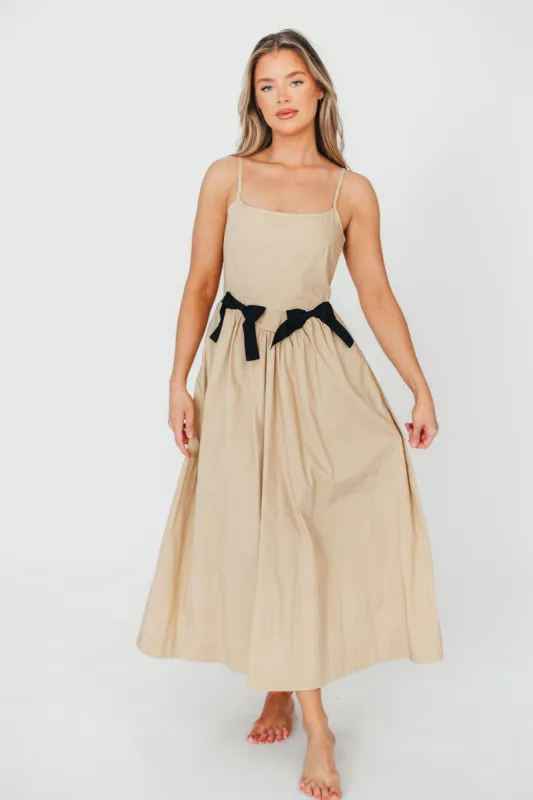 Celeste Square Neck Midi Dress with Bow Detail in Khaki *Final-Sale* sold by Worth Collective