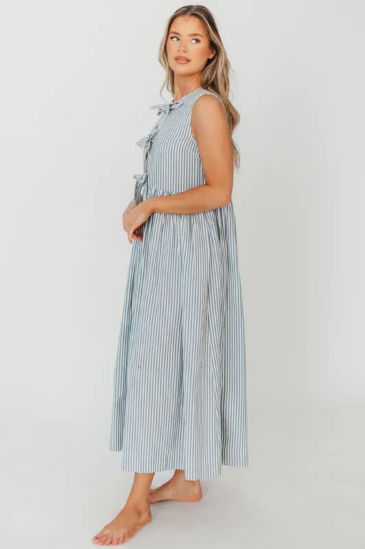 Kelly Bow Tie Maxi Dress in Blue Stripe sold by Worth Collective