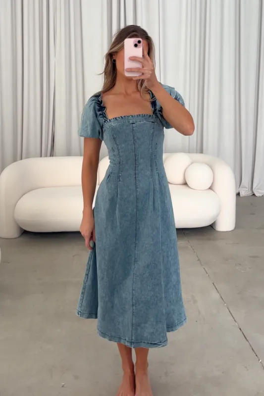 Calista Puff Sleeve Midi Denim Dress in Blue sold by Worth Collective