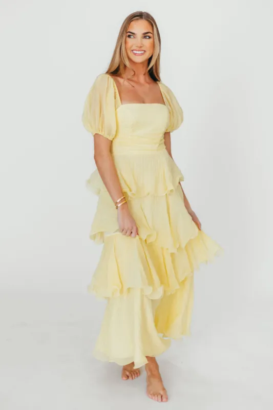 Ashlyn Tiered Ruffle Midi Dress in Lemon sold by Worth Collective